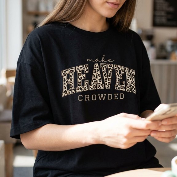 Make Heaven Crowded Women's Graphic T-Shirt, Leopard Print Christian Varsity Tee, Short Sleeve Crewneck Top
