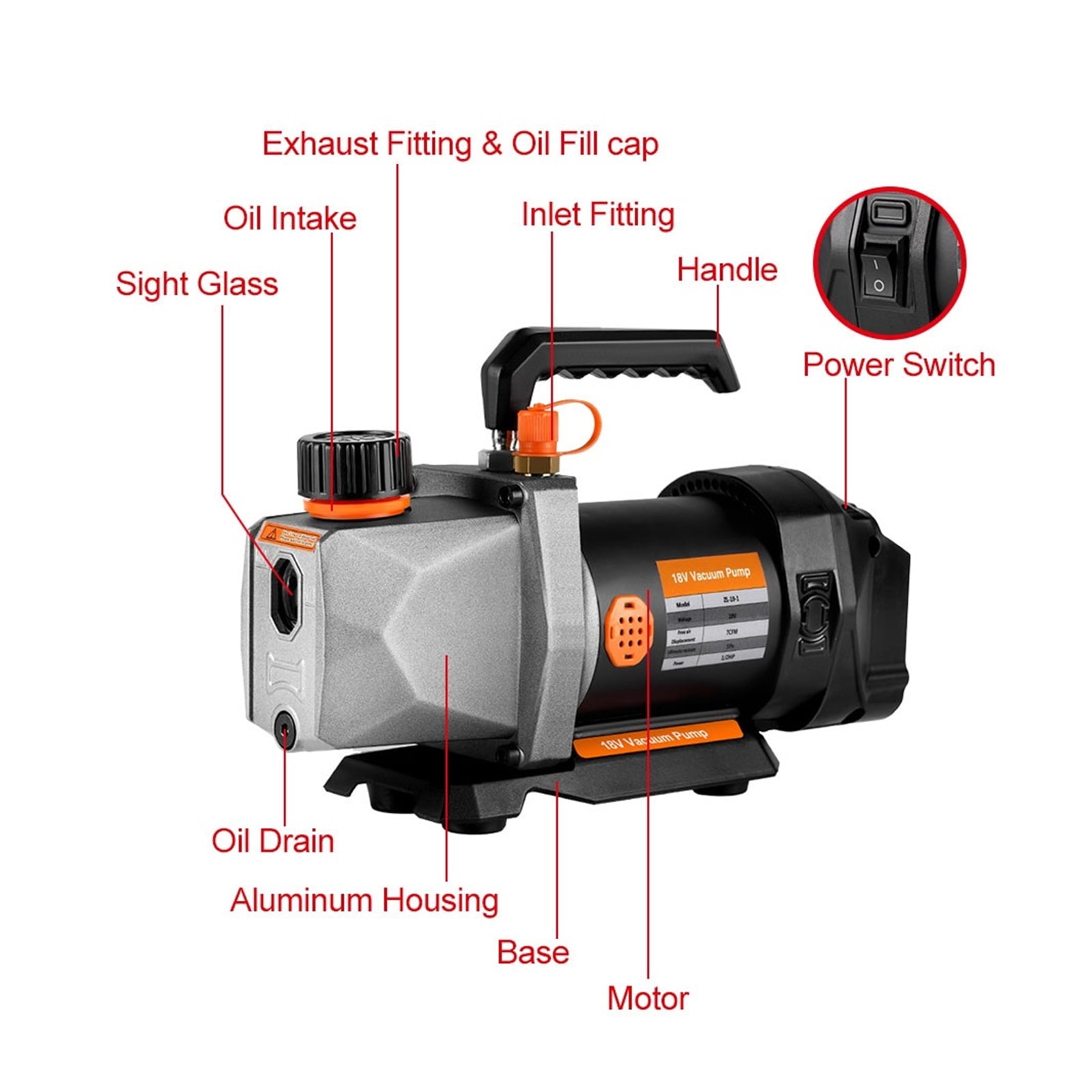 Cordless Refrigerant Vacuum Pump 7CFM 5PA 1/2HP 1/4 Air Inlet For Household Air Conditioning For 18v Battery ,Outstanding Oil Inlet System