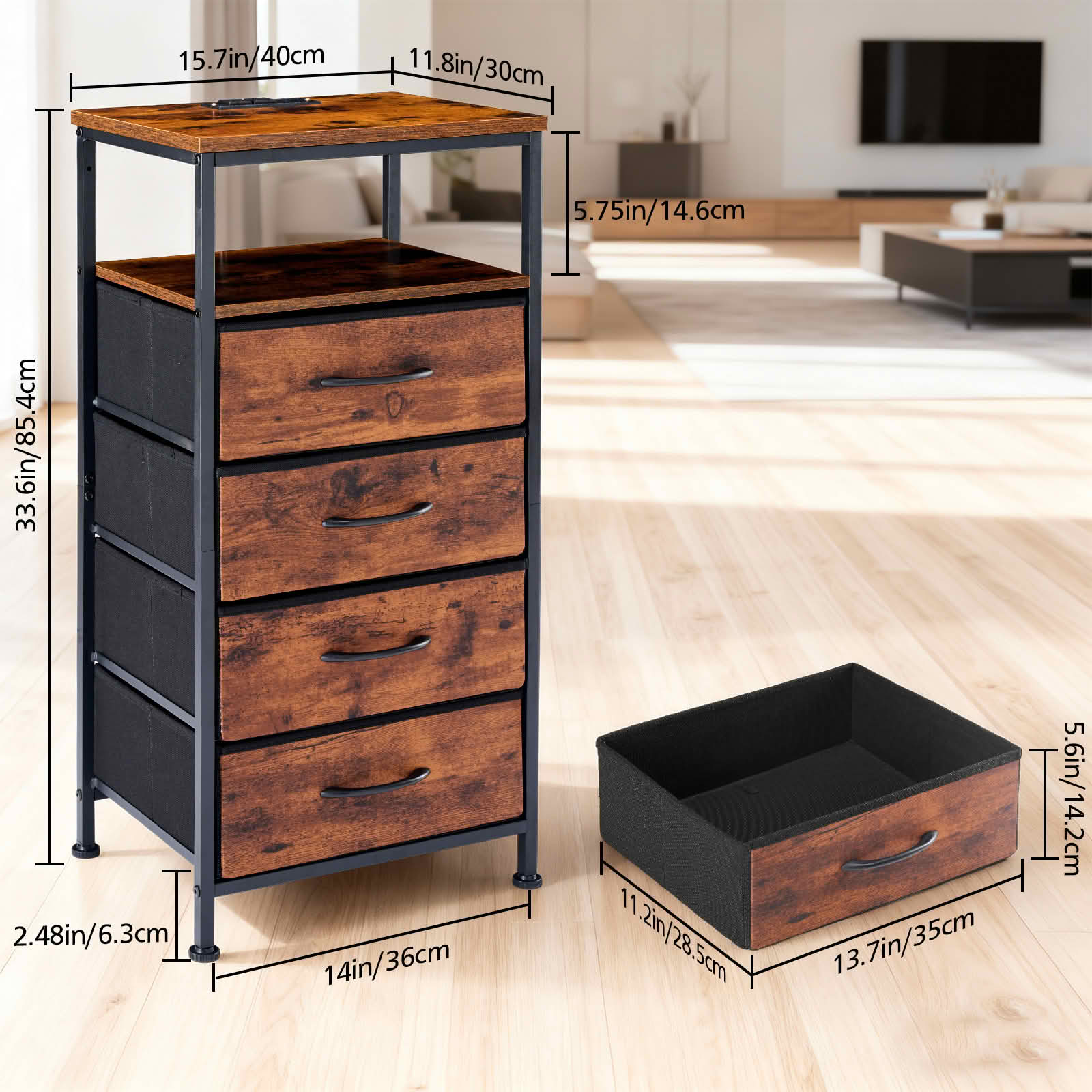 MAYEERTY Nightstand with Charging Station, 4 Fabric Drawers USB/Type-C Ports Outlets, Bedroom End Table，Rust