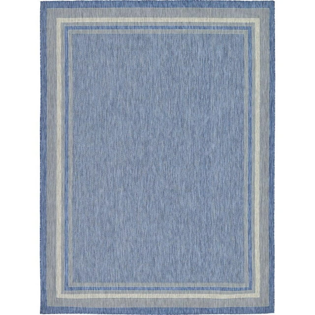Unique Loom Outdoor Collection Transitional Indoor & Outdoor Casual Solid Tonal Border Area Rug, 9 x 12 Feet, Blue/Beige