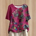 thumbnail image 2 of DDAPJ pyju Womens Short Sleeve Tunic Tops Hide Belly Shirt Dressy Casual Floral Blouses Ethnic Style Tunics Hot Pink L, 2 of 6