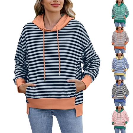 Arlun Womens Striped Color Block Hoodies Oversized Drop Shoulder Long Sleeve Sweatshirt Trendy Irregular Cut out Hem Loose Drawstring Hooded Pullover Tops 2026 Fall Clothes 1-Sky Blue XL