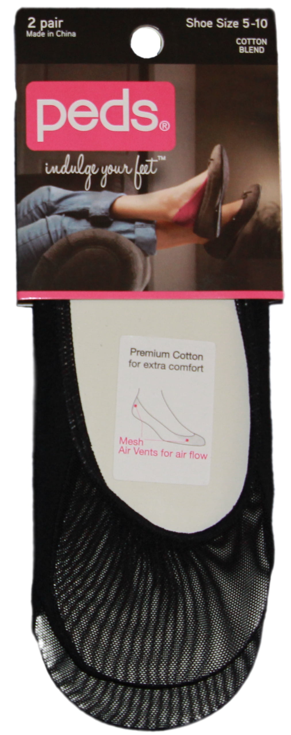 Peds Cotton Mesh Liner 2 Pair Pack Black, Women Shoe Size 510