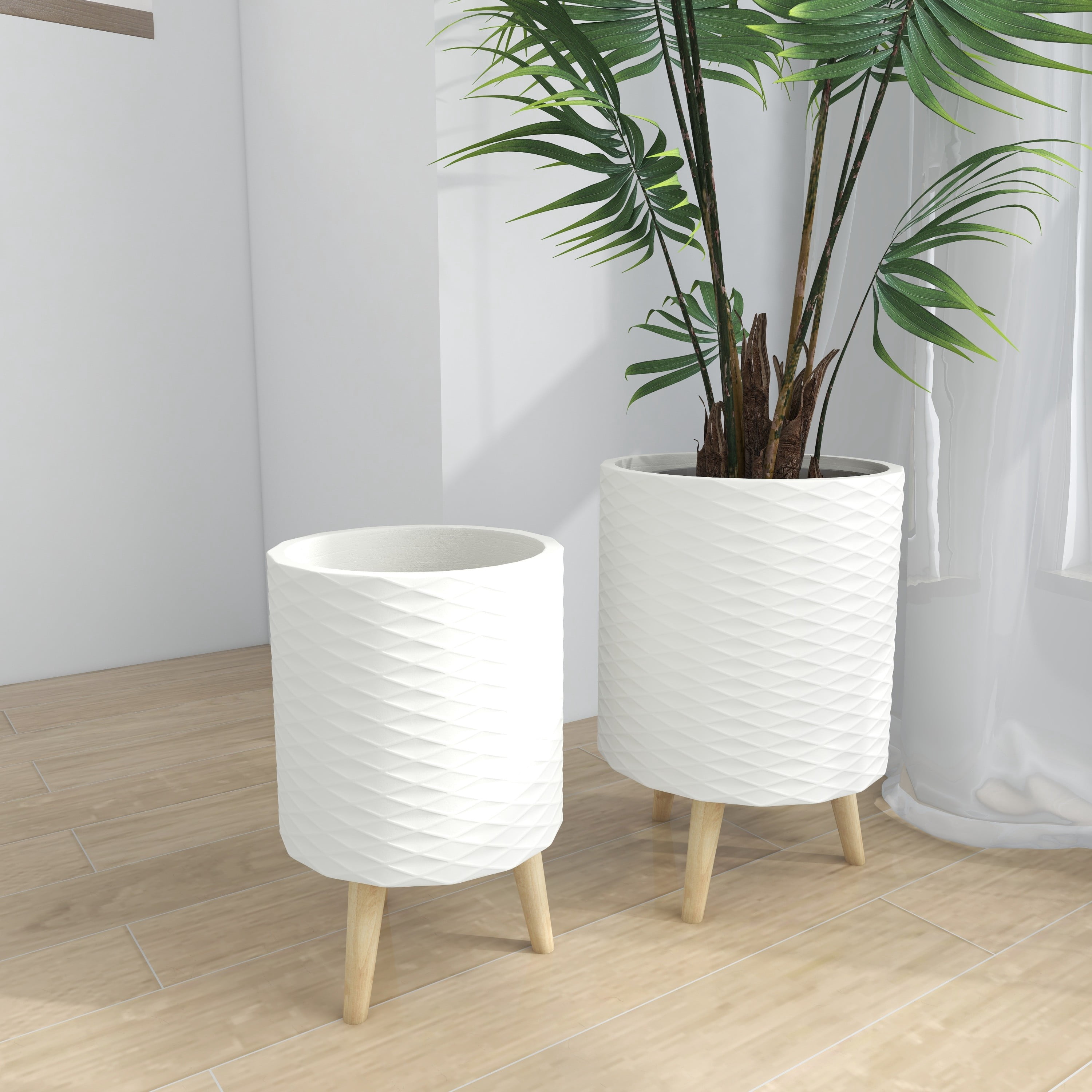 DecMode 18", 15"H Indoor Outdoor White Ceramic Planter with Wood Legs (2 Count)
