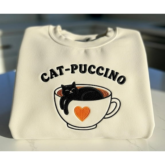 Catpuccino Embroidered Sweatshirt – Cute Black Cat Coffee Pun Shirt – Funny Cat Lover Gift – Cozy Fall Cafe Crewneck for Pet & Coffee Fans