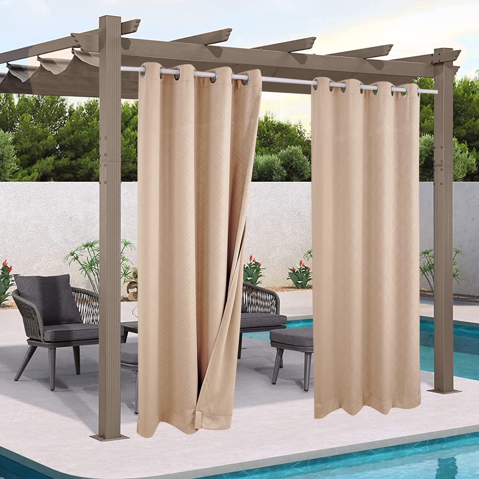 SHANNA 2 Panel Outdoor Curtains, Waterproof Windproof UV Protection Blackout Curtains with Eyelets, 3D Textured Pattern for Garden, Pergola, Balcony, Beige, 52 X 108 inch