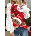 thumbnail image 4 of Plus Size Christmas T-shirt, Women's Plus Christmas Reindeer & Slogan Print Contrast Lace Long Sleeve Round Neck Slight Stretch T-shirt, 4 of 5