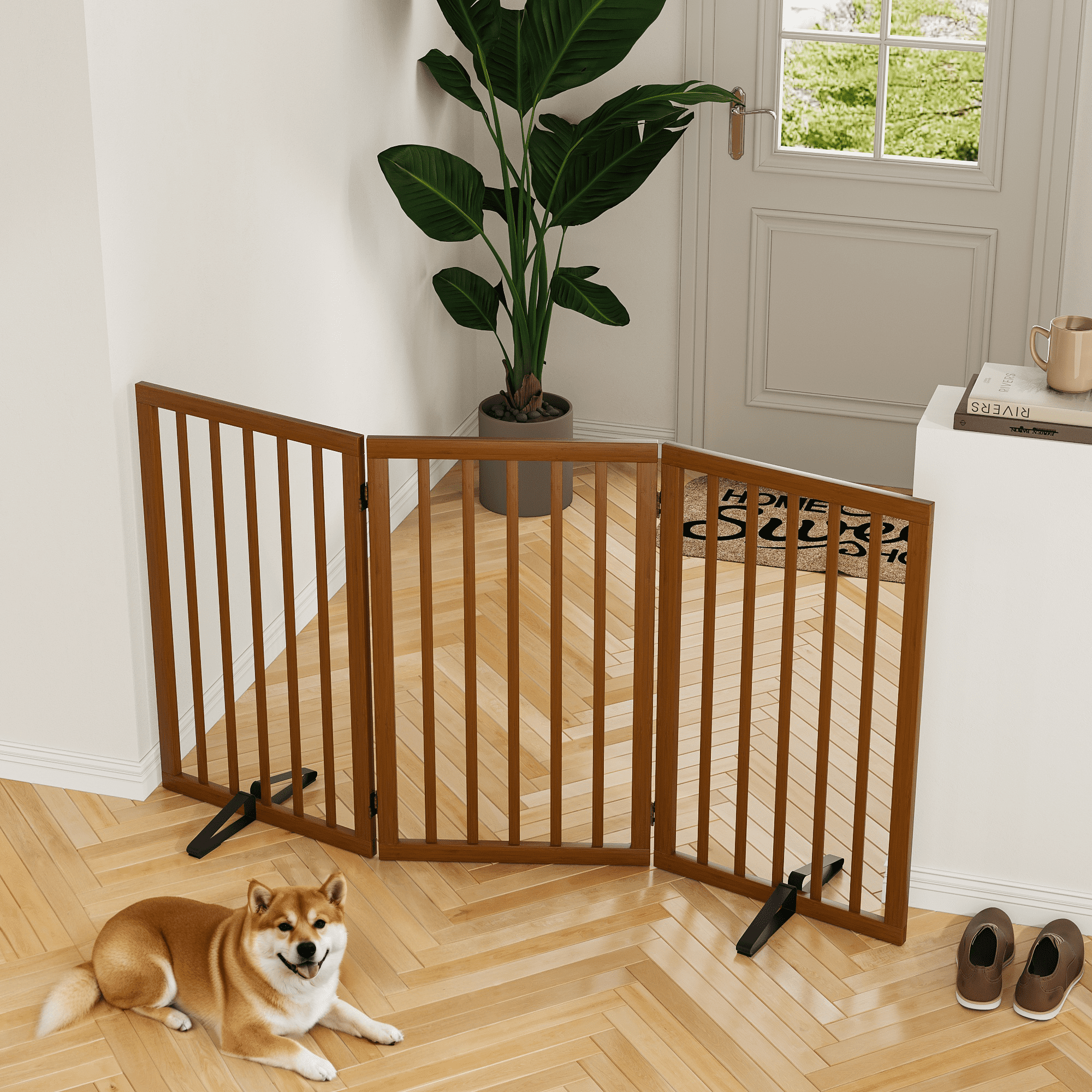 Smart FENDEE 33" Tall Foldable Bamboo Freestanding Pet Gate with Dog Gate and Support Feet, Expands to 55" Wide