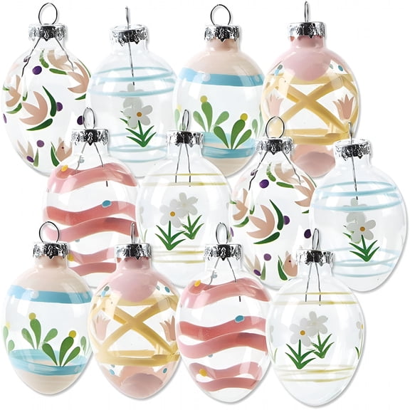 BESTSKY Glass Easter Egg Ornaments - Set of 12,Hand Painted Pastel Easter Egg Decor,Easter Hanging Ornaments,Spring Mini Tree Decorations,Outdoor & Indoor Use,1.5" x 2"