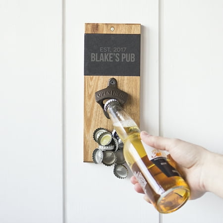 Mounted Bottle Opener - Personalized Slate & Acacia Wall Mount Bottle Opener with Magnetic Cap Catcher