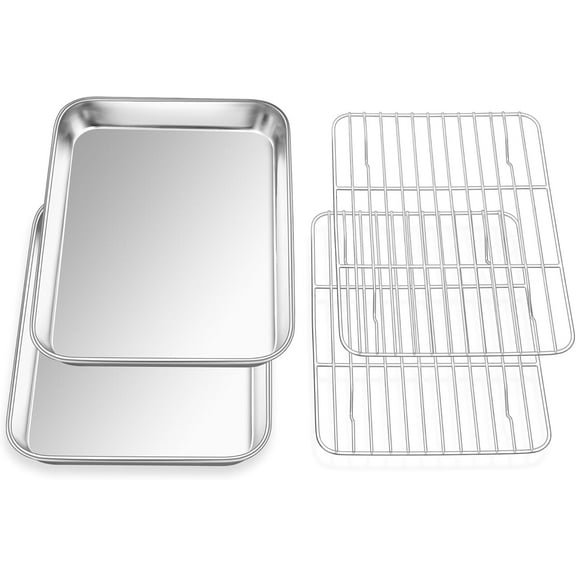 Baking Sheet with Wire Rack (2 Pans   2 Racks), Large Stainless Steel Cookie Sheets Pan & Cooling Rack for Baking Cookies Cake, Non Toxic & Heavy Duty, Oven & Dishwasher Safe, 18 x 13 x 1 Inch