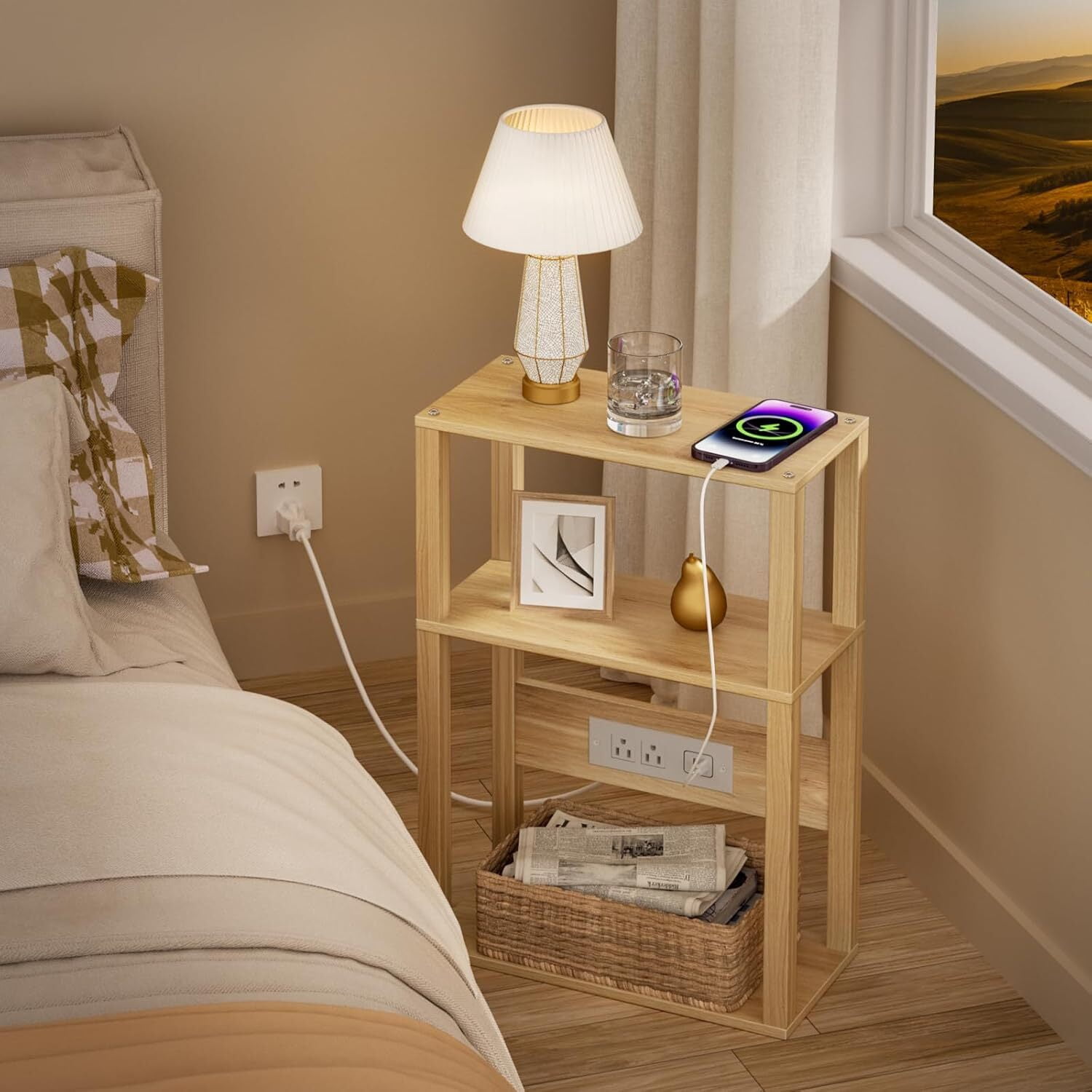 Joaxswe 3-Tier End Table Set of 2, Narrow Side Table, Storage Shelf for Living Room, Bedroom, Natural Oak