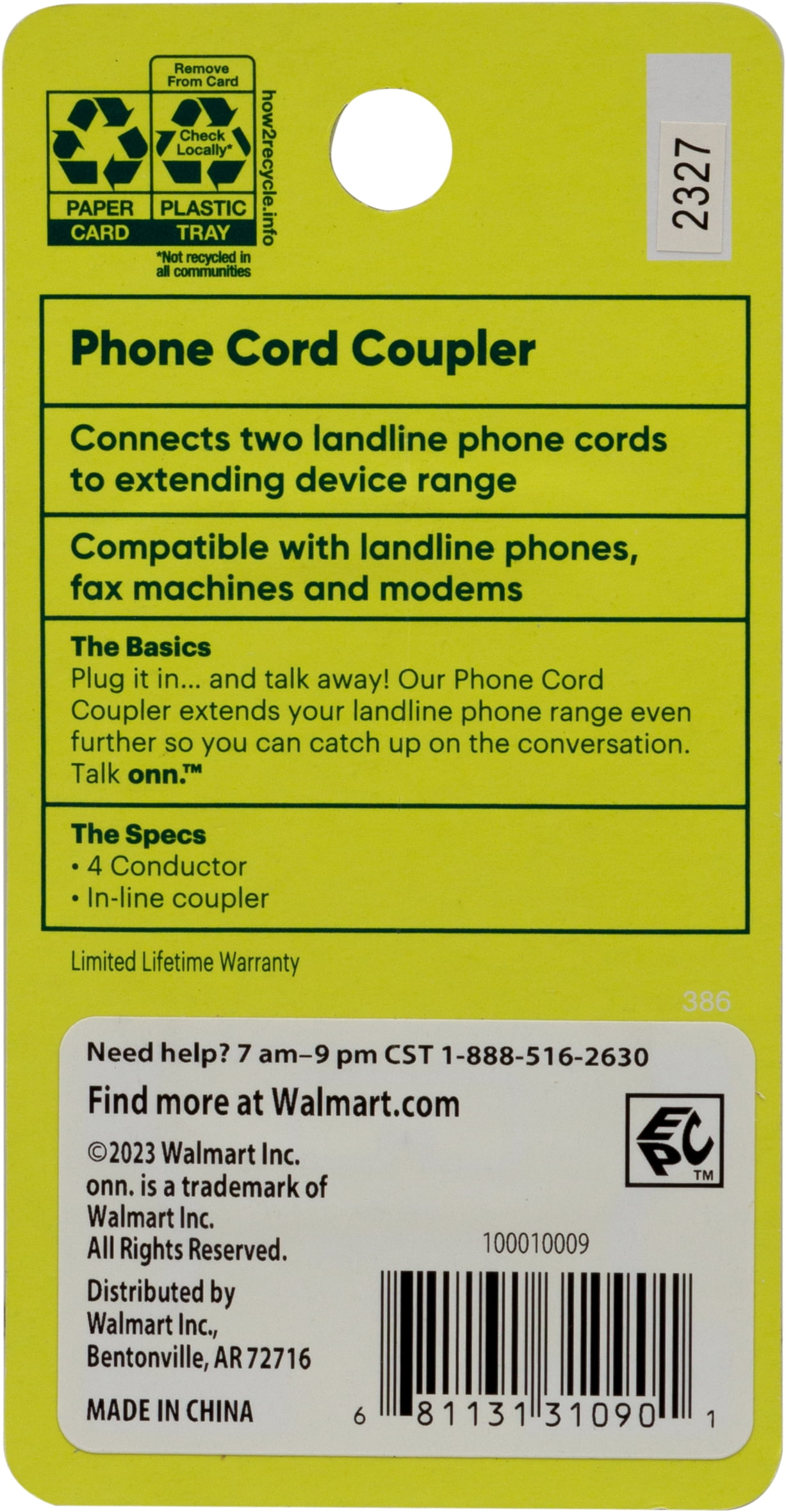 onn Phone Cord Coupler for Landline Phones
