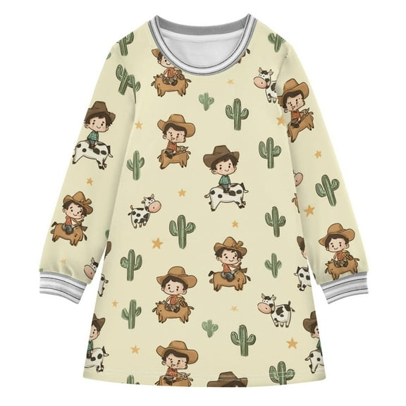 Girls' long-sleeved dress Cute Cowboy Girls' A-line dress with ribbed cuffs Soft and comfortable