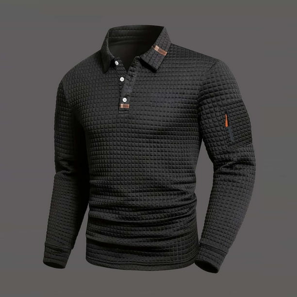 pstuiky Camisas de manga larga abrigadas para hombre, Camiseta de manga larga con solapa y botones para hombre, color liso, con cuello cuadrado pequeño top de hombre m