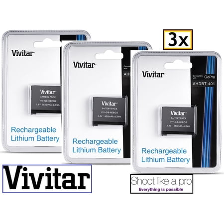 3-Pcs Hi Capacity AHDBT-401 Battery for GoPro HD HERO4 Black/Silver