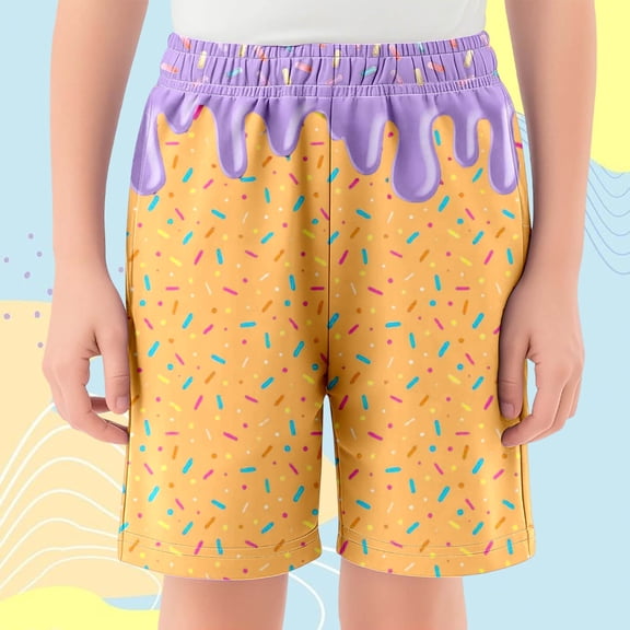 CUZIBR Kids Boys Baseball Shorts Elastic Waist Ice Cream Print Summer Casual Comfortable Wide Leg Sports Breathable Cozy Fashionable Beach Trunks Running Stylish Elegant Clothes,Purple,11-12 Years