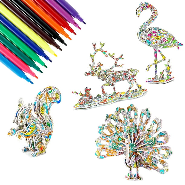 Juego De Rompecabezas 3D Para Colorear Para Niños, 4 Piezas De Animales/Rompecabezas De Construcción Con 12 Rotuladores, Rompecabezas 3D, Artes Y Manualidades, Pintura Educativa, Manualidades, Juguete Muyoka Hogar