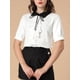 thumbnail image 5 of Camisa de trabajo de mujer con cuello contrastante, lazo y volantes en la parte delantera, botones, de manga corta, talla XL, blanca, 5 of 6