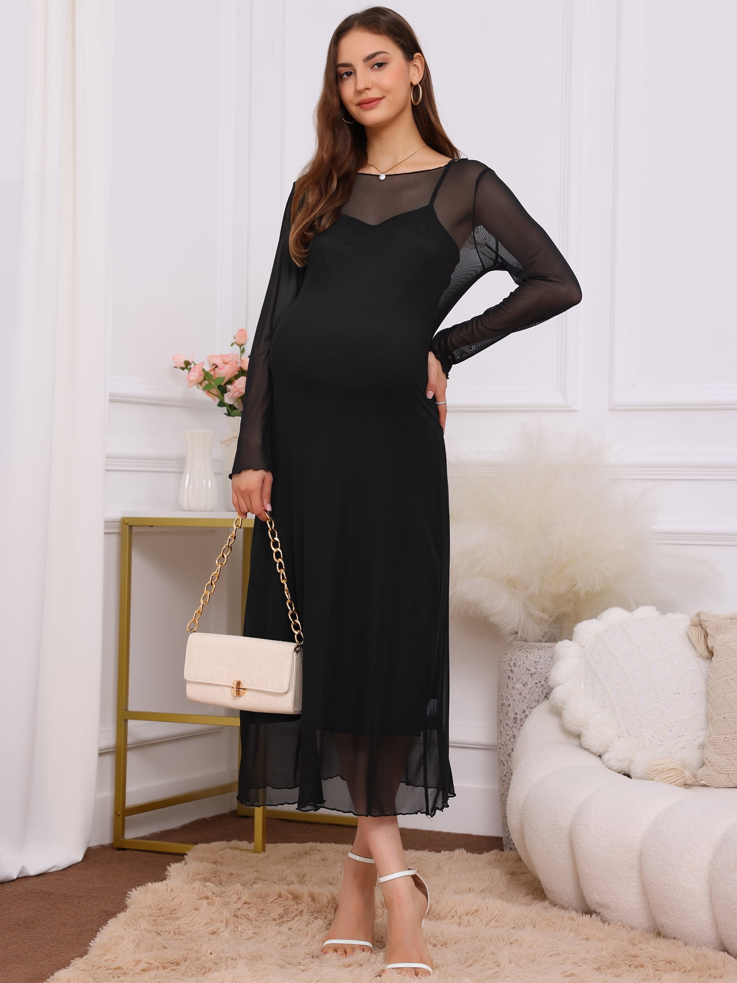 DARING DIVA Women's Maternity Mesh Dress 2-Piece Bodycon Fall Wedding Party XL Black