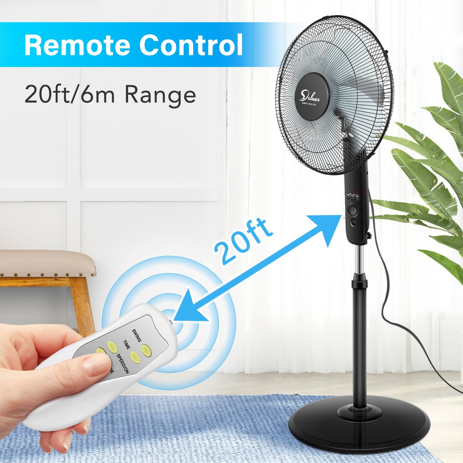 Private Jungle Simple Deluxe Oscillating 16″Adjustable 3 Speed Pedestal Stand Fan with Remote Control for Indoor,Bedroom,Living Room,Home Office,16 Inch(Black)