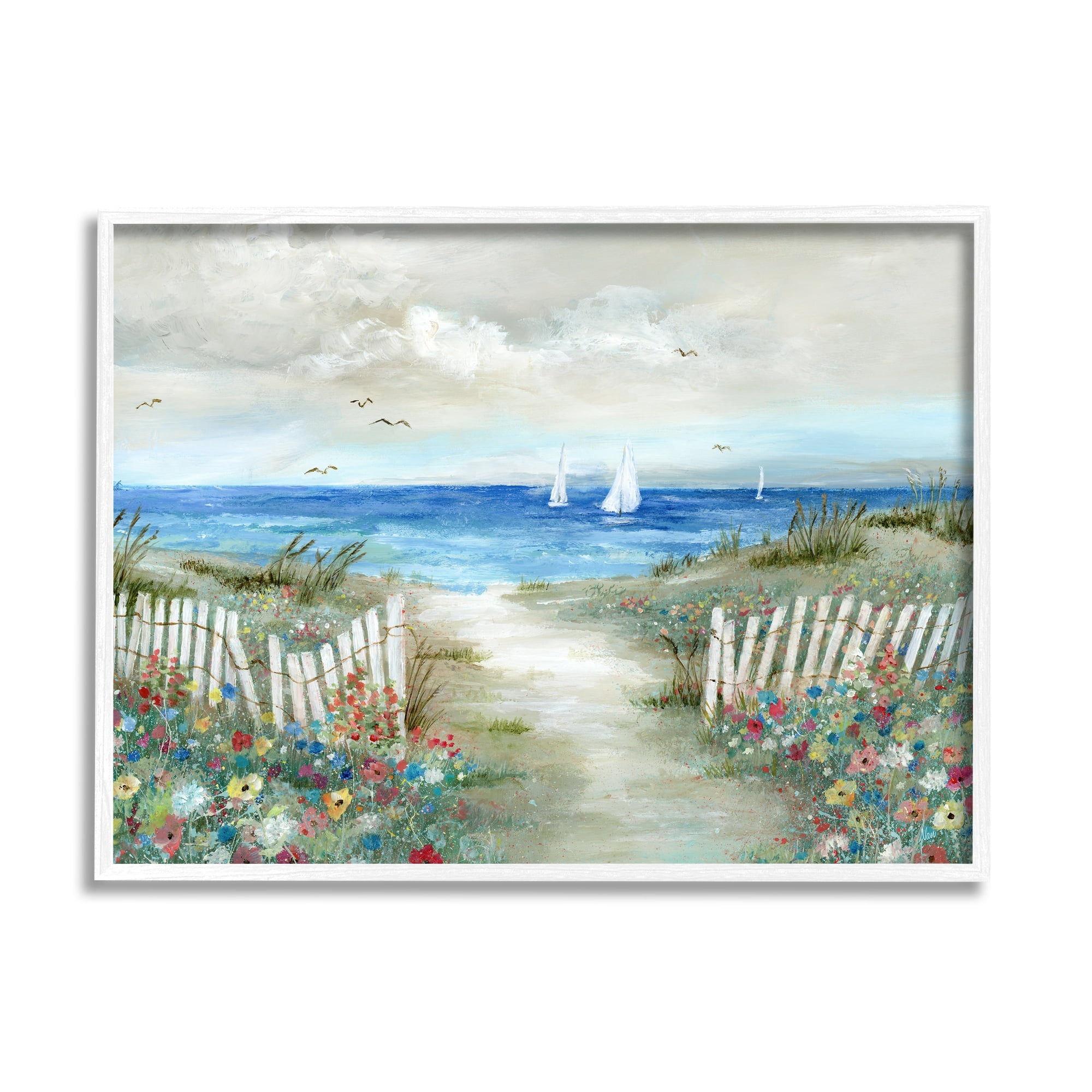 Stupell Industries Tranquil Beachside Flower Meadow Ocean Sailboats Scene Painting White Framed Art Print Wall Art, Design by Nan