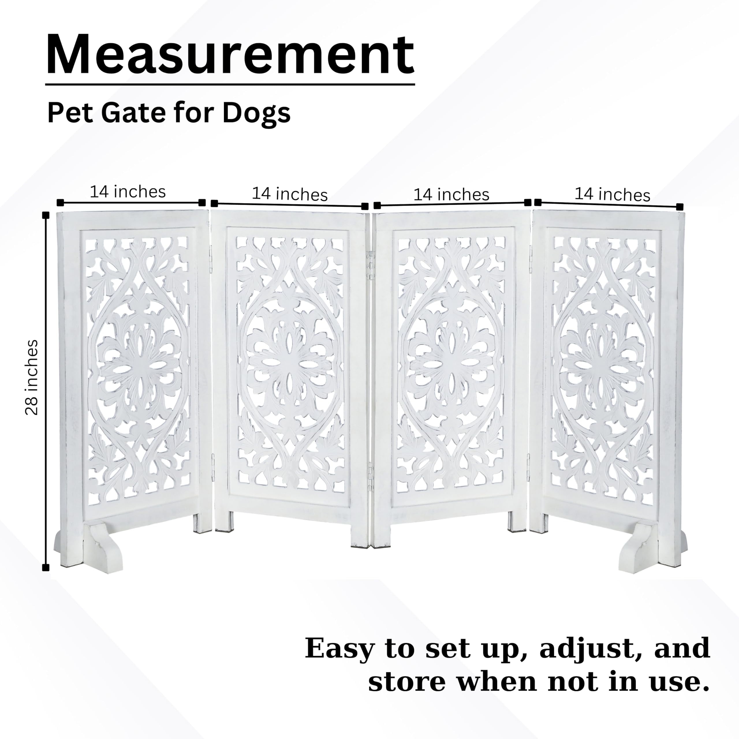 The Wooden Town Foldable Free-Standing Pet Gate, 4-Panel Wooden Dog Barrier, 56" W x 28" H, White Finish, Hand-Carved Solid Wood & MDF