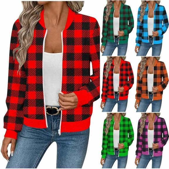 LWITHSZG Womens Bomber Jacket Christmas Fall Winter Fashion Waffle Plaid Jackets Long Sleeve Going Out Tops Full Zip up Coat with Pockets Size M