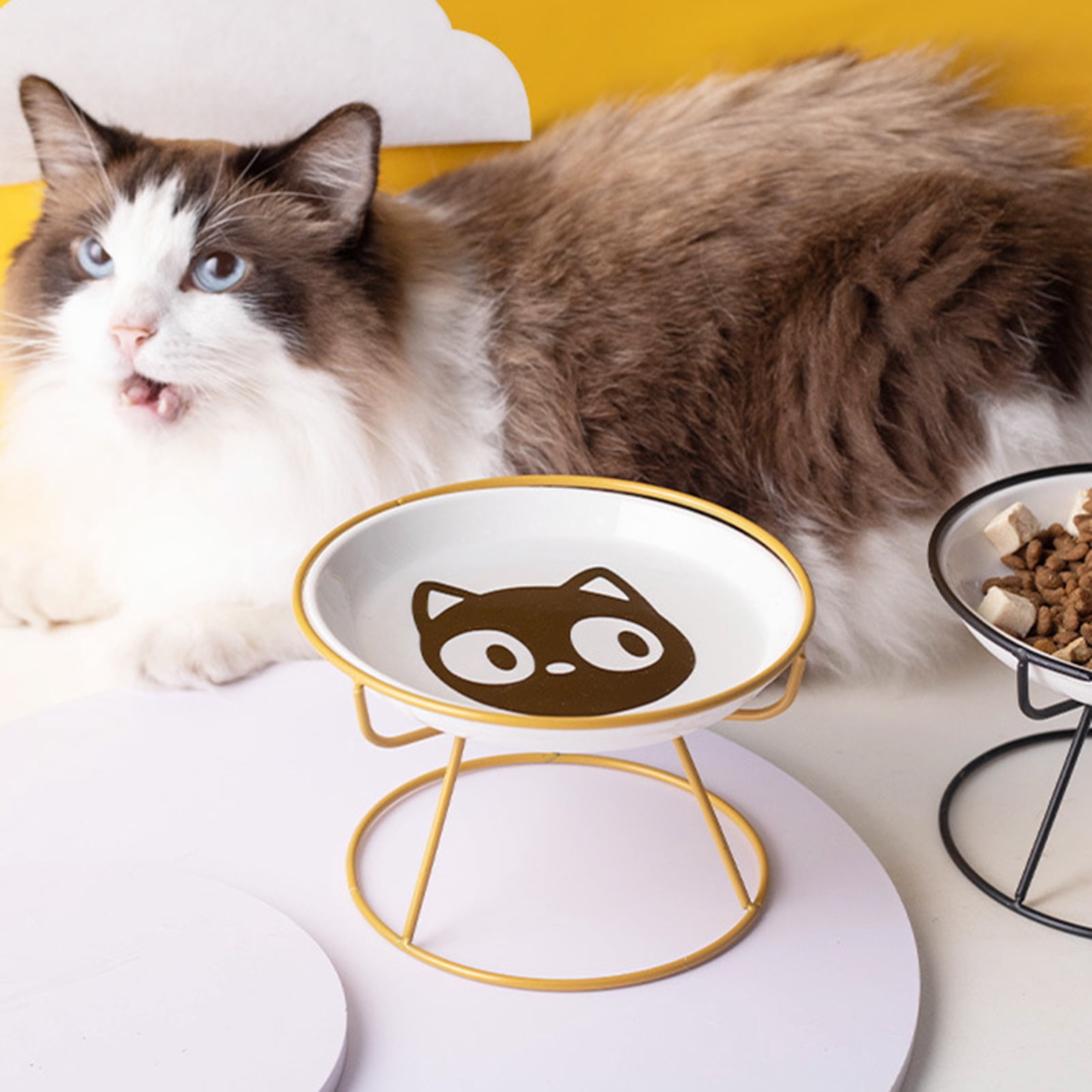YIFAEUX Elevated Ceramic Cat Bowl Set Anti-Vomit Protect Cervical Vertebrae Indoor Cats Small Pets Colorful Patterns Pet Supplies