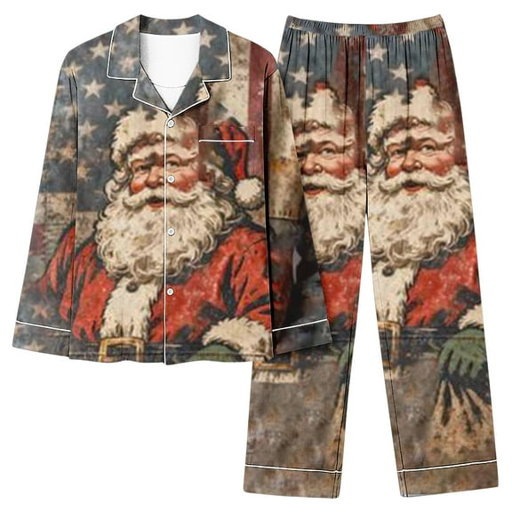 successthop Womens Plus Size Christmas Pajamas Santa Long Sleeve Lapel Button Sleepwear and Pj Pants Xmas Nightwear Blue