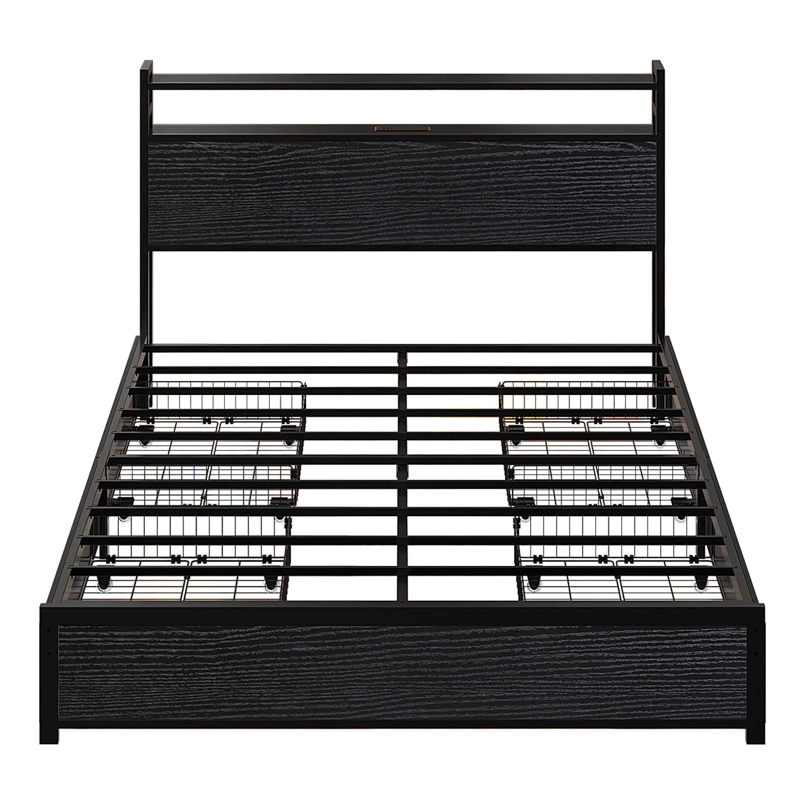 Ktaxon King Size Bed Frame with Charging Station & LED Storage Headboard, Metal Platform Bed Frame with 4 Underbed Drawers for bedroom, Black