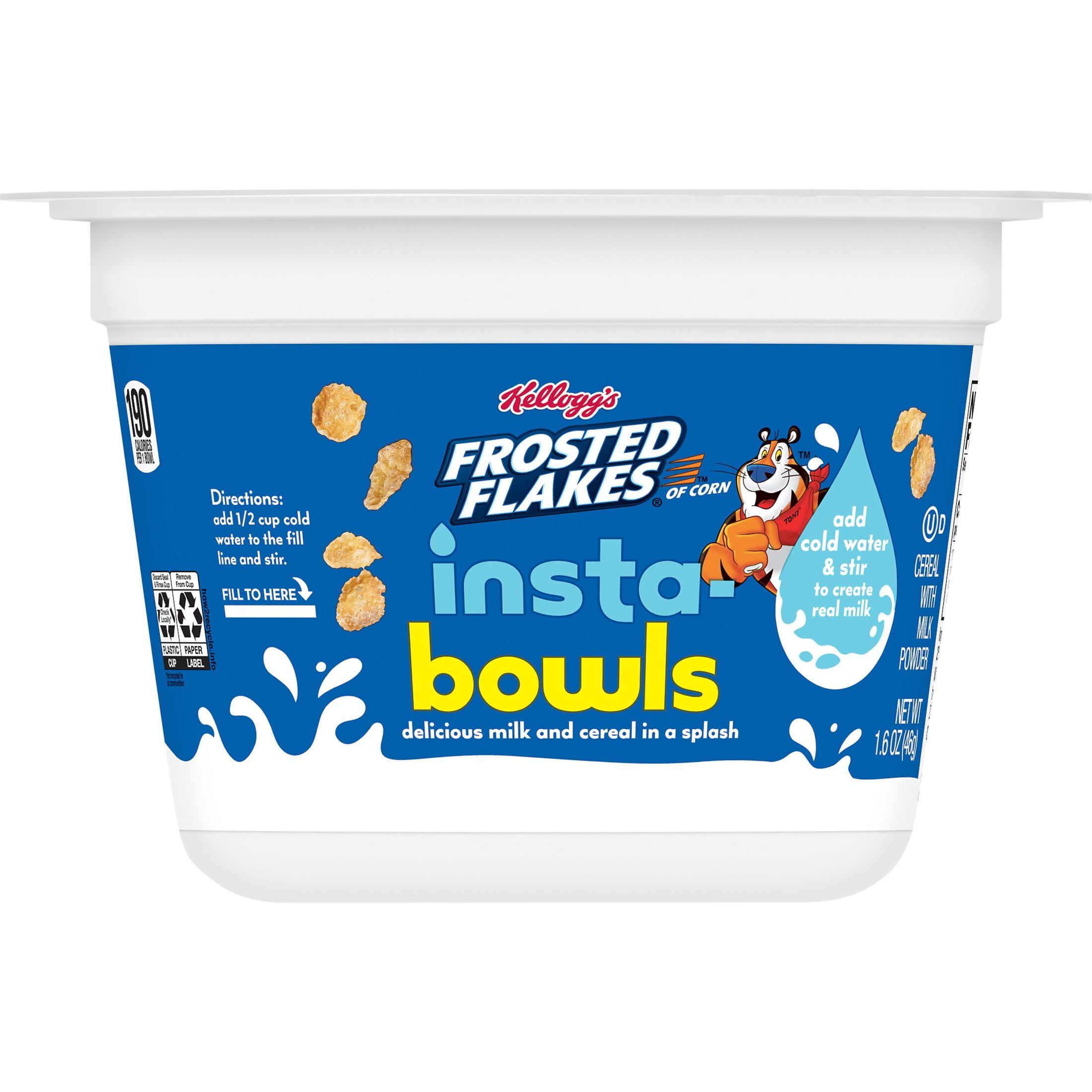 Kellogg's Frosted Flakes Insta-Bowls Cold Breakfast Cereal, Instant Cereal, Kids Snacks, Original, 1.6oz Cup (1 Cup)