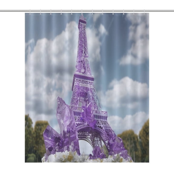 Blossoming Paris Eiffel Tower Waterproof Polyester Quick-Drying Shower Curtain for Bathroom with 12 Hooks