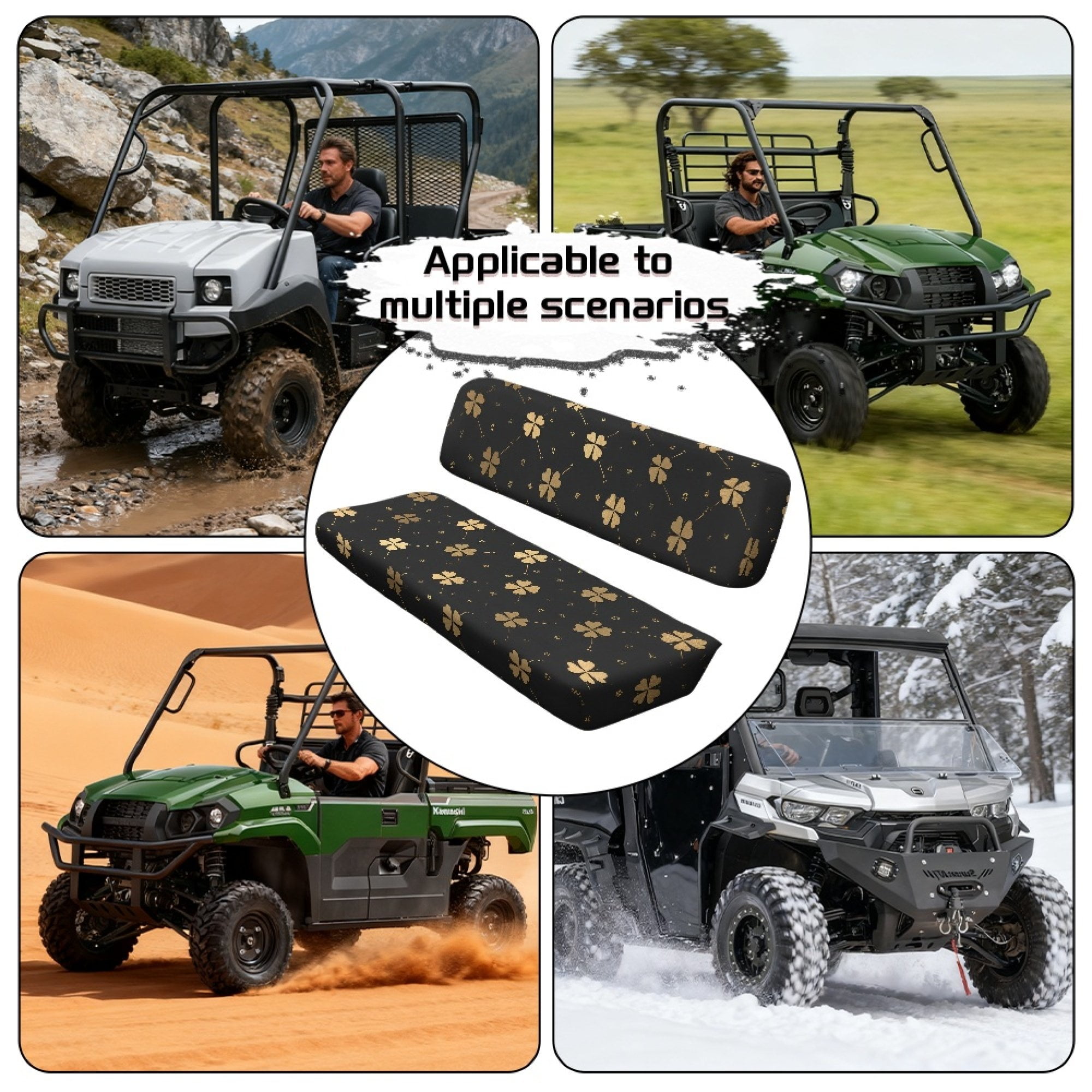 ZIATUBLES UTV Front Seat Covers 2-Piece Set, Compatible with Kawasaki Mule 3000 3010 3020, Wear-Resistant Polyester Replacement Protector, Black Clover Print St. Patrick's Day Decor Acccessory