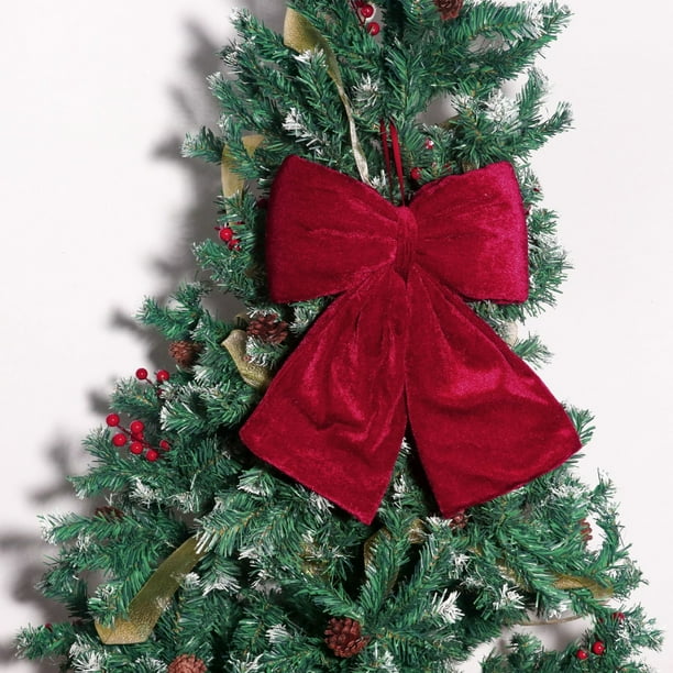 Adorno de terciopelo navideño – Tapa de árbol grande de terciopelo rojo burdeos • Decoración de puertas y paredes con pino artificial, bayas rojas, piñas • Decoración interior exterior para Navidad