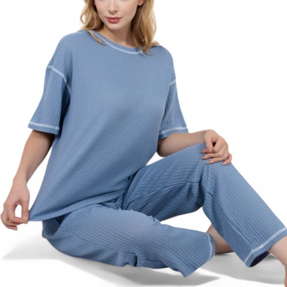 Women's Short Sleeve 2-Piece Sleepwear Set with Relaxed Fit - Small, Blue