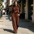 thumbnail image 5 of Szluipve 2 Piece Sets for Women Velvet 2 Piece Matching Outfit High Neck Pleated Long Sleeve Blouse Top & High Waist Wide Leg Palazzo Pants Elegant Party Set with Pockets Coffee 2XL, 5 of 9
