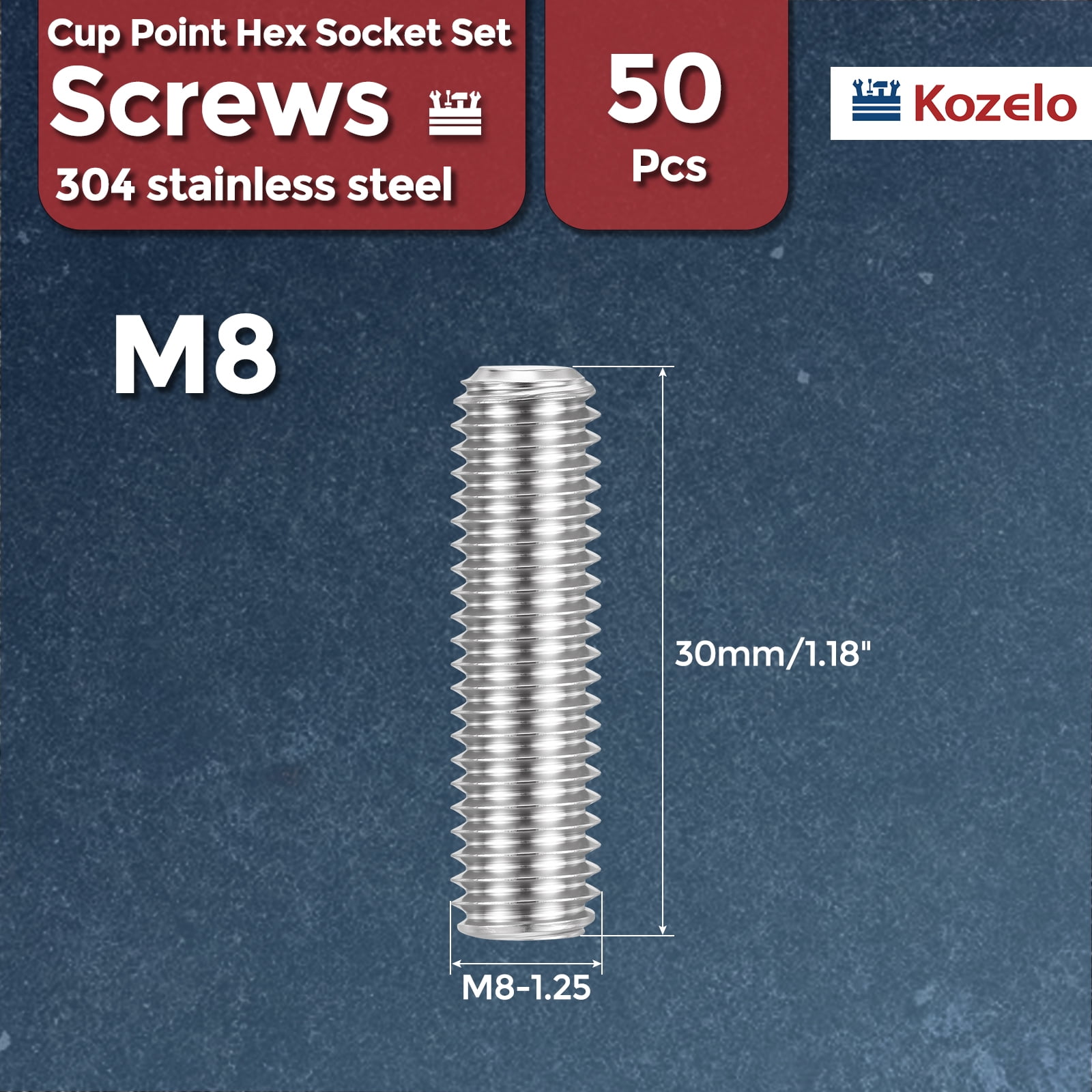 Uxcell 50pcs Cup Point Hex Socket Set Screws - [M8-1.25x30mm] 18-8 Stainless Steel Headless Allen Head Grub Set Screw with Hex Key Wrench for Door Handles, Bathroom Fixture & Towel Rack