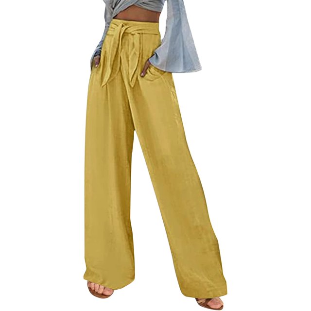 2023 - Pantalones de lino de algodón para mujer, cinturón de pajarita, pierna ancha, pantalones de yoga palazzo, pantalones de verano para la playa, pantalones casuales elegantes 01*amarillo XL Xishao ropa