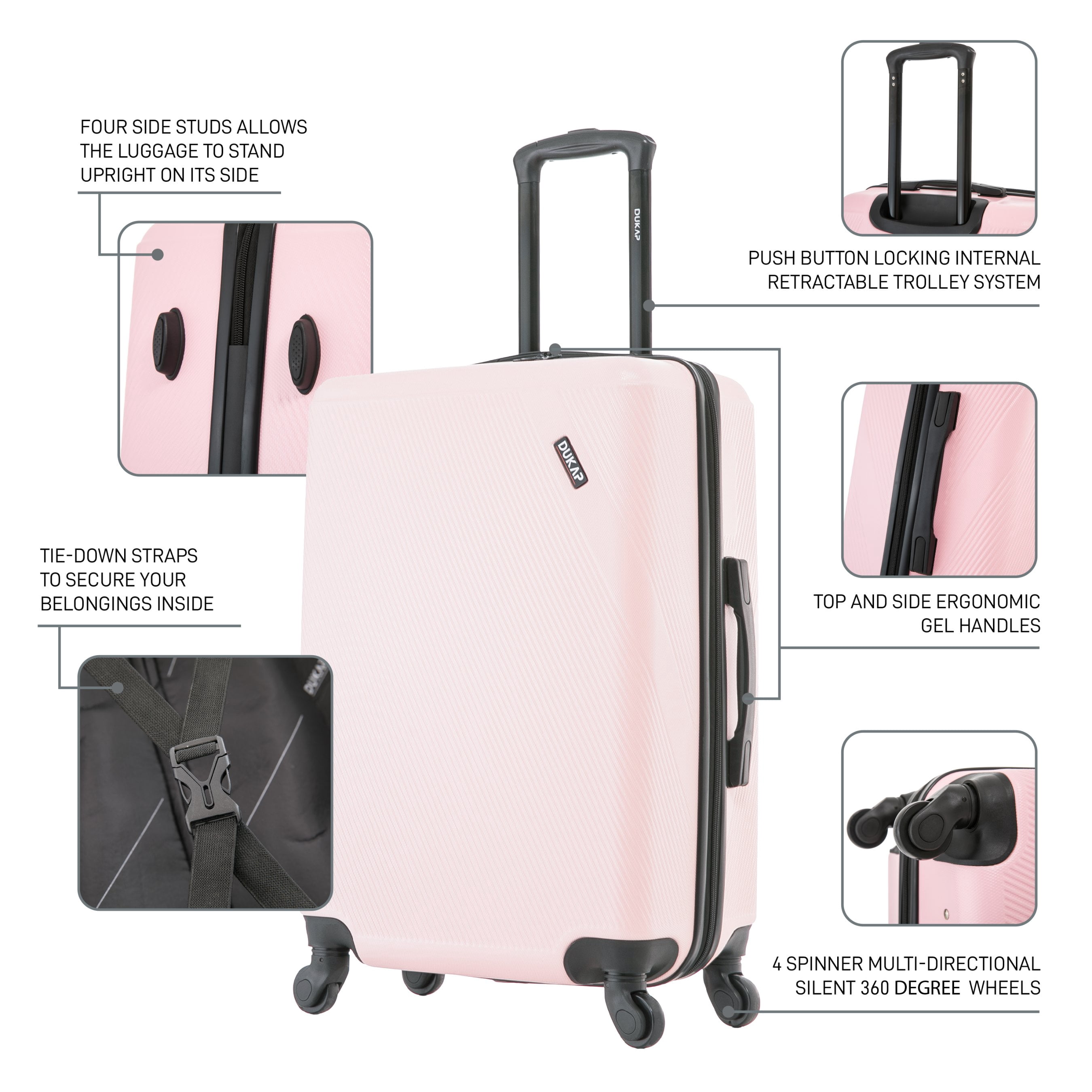 DUKAP Discovery 3-Piece Hardside Luggage Sets with Spinner Wheels, Handle and Trolley, (20"/24"/28"), Pink