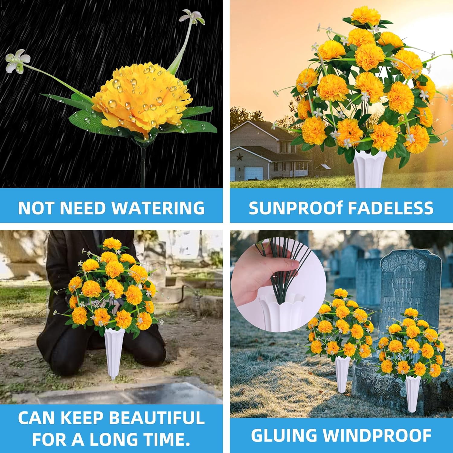 Silks Artificial Cemetery Flowers, Set of 2 Grave Decorations Bulbous Chrysanthemum,Memorial Flowers Bouquet with Cemetery Vase for Cemetery Headstones Decoration (Red)