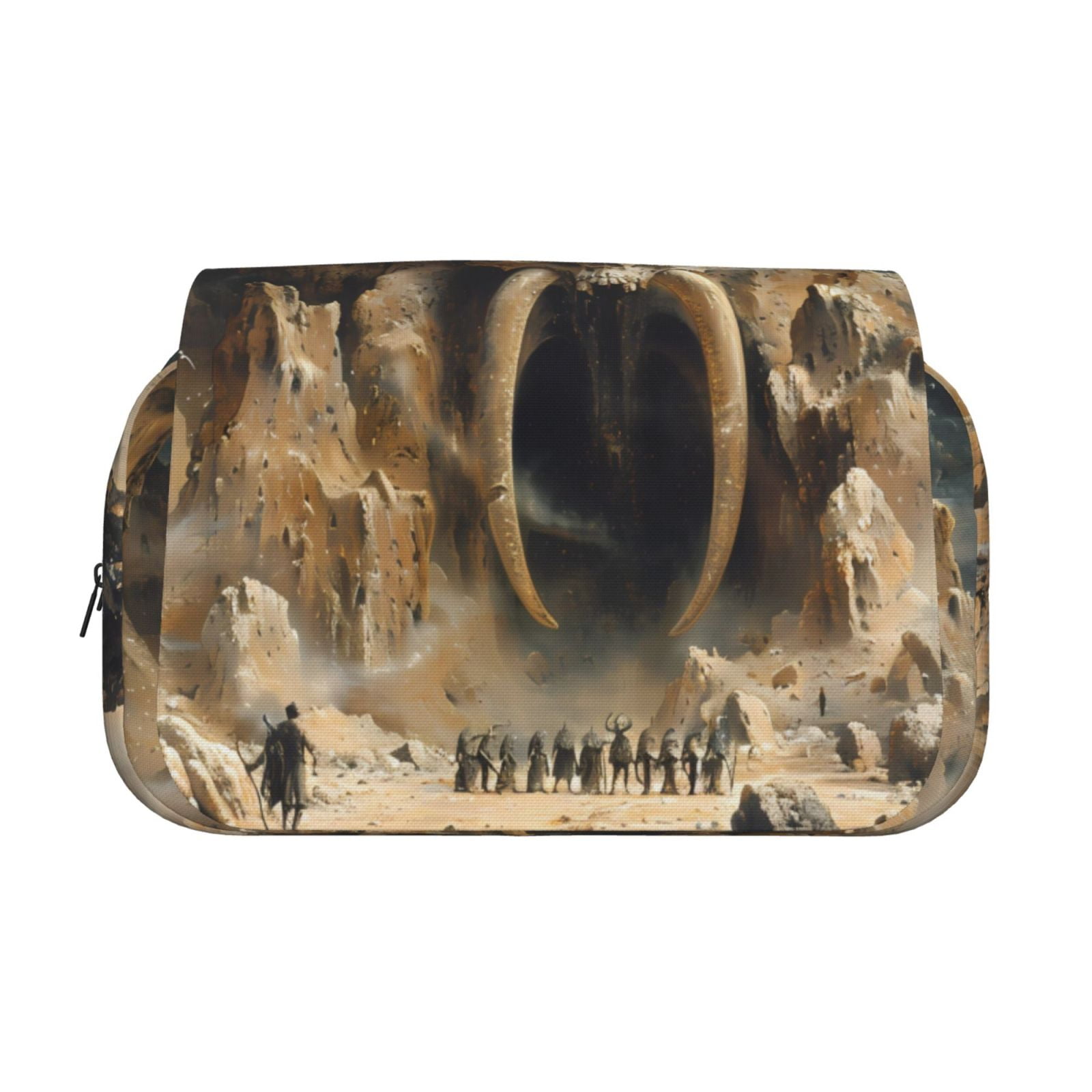 Rateoe Ancient Skull Cave Landscape Pattern Double Clamshell Pen Case, Storage Organizer with Two Zipper Compartments– Holds Up to 50 Pencils & Pens