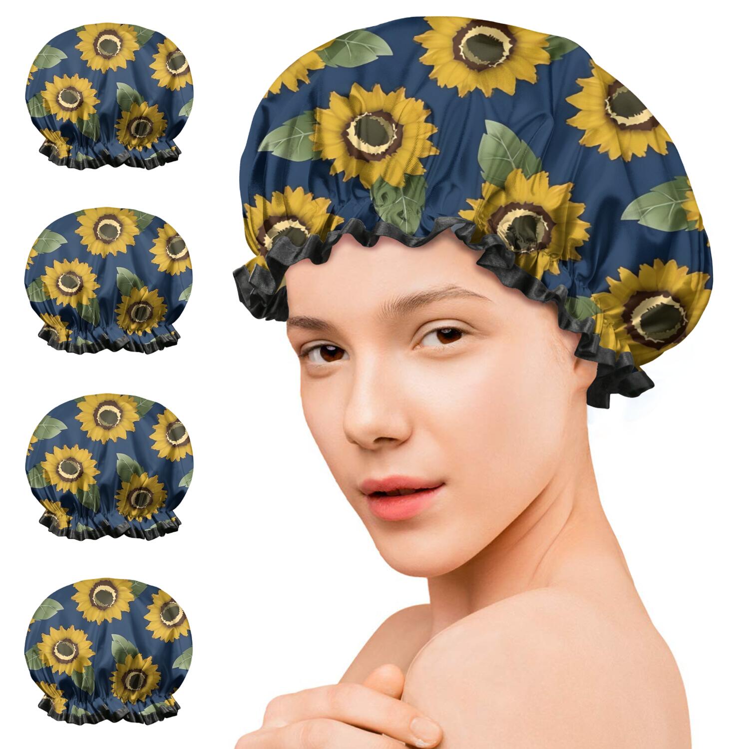 Shower Caps,Blue Sunflower Leaf Pattern Waterproof Shower Cap for Women 4 Pieces,Double Reusable Hair Cover for Shower PEVA Elastic Stretch Hem