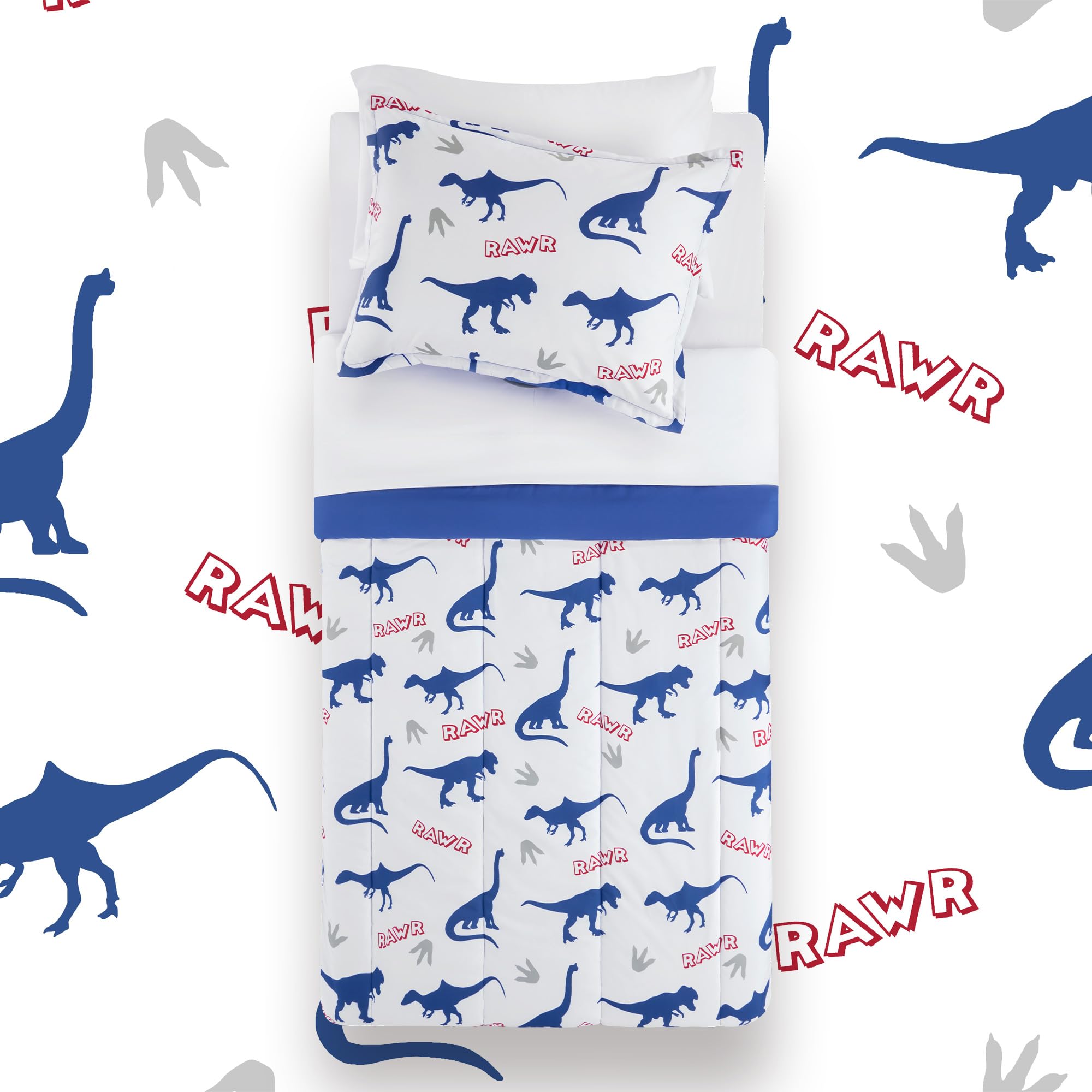 Sleep Zone Cartoon Dinosaur Comforter Set, Dark Blue Kids Bedding Set for Boys, Dinosaurs Print Comforter, Sheet, Pillowcase & Sham (Dinosaur Footprints, Twin)