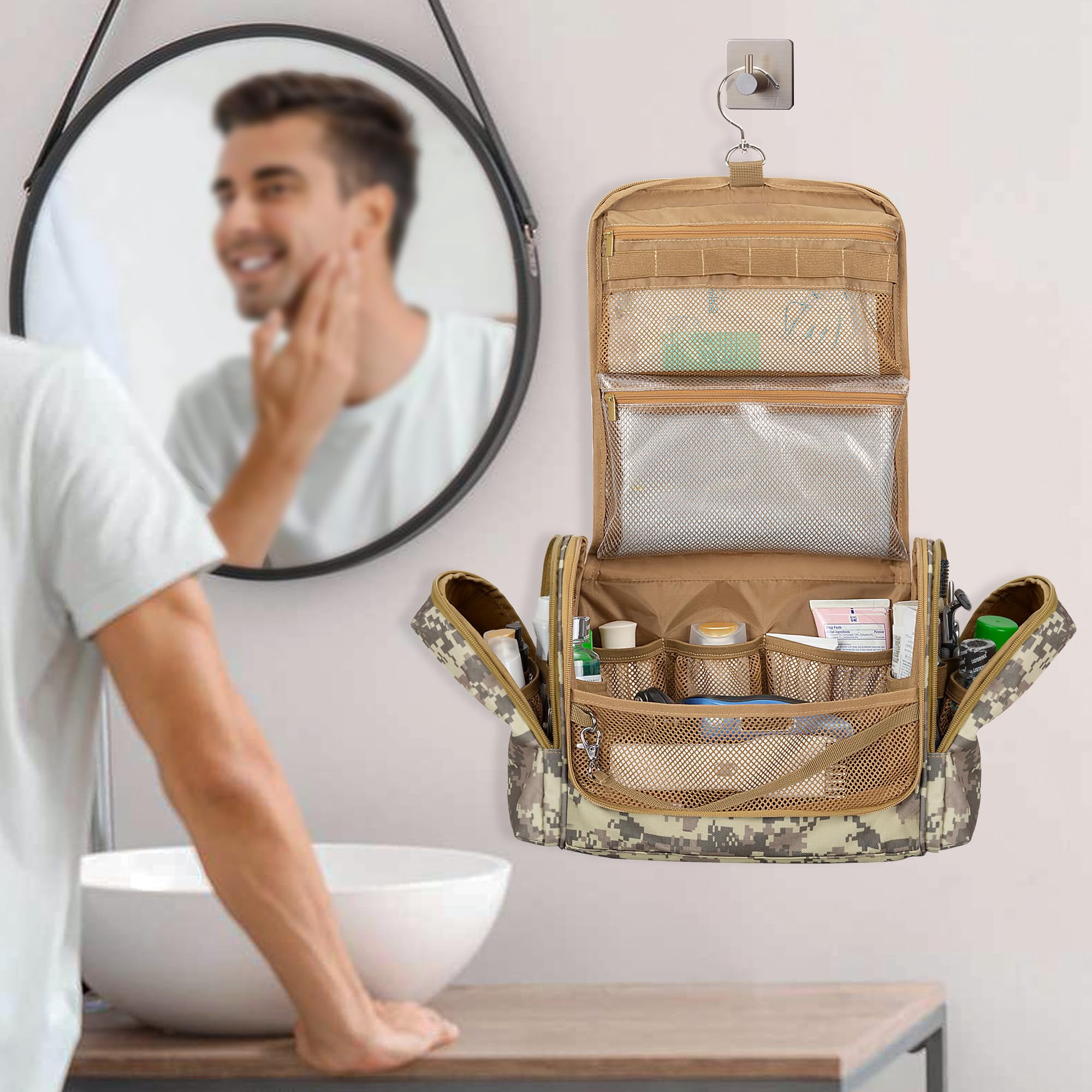 Toiletry Travel Bag For Men  Hanging Dopp Kit Hygiene Shower Organizer With Hook Toiletries And Shaving Care Desert Yellow (empty Bag)
