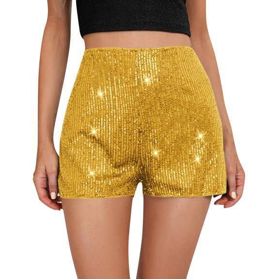 CIENVNSTG Women's Sequins Straight Leg Shorts Elastic High Waist Sparkly Glitter Bottoms for Themed Party Holiday Celebrations And Casual Fashion Wear Yellow Yellow M