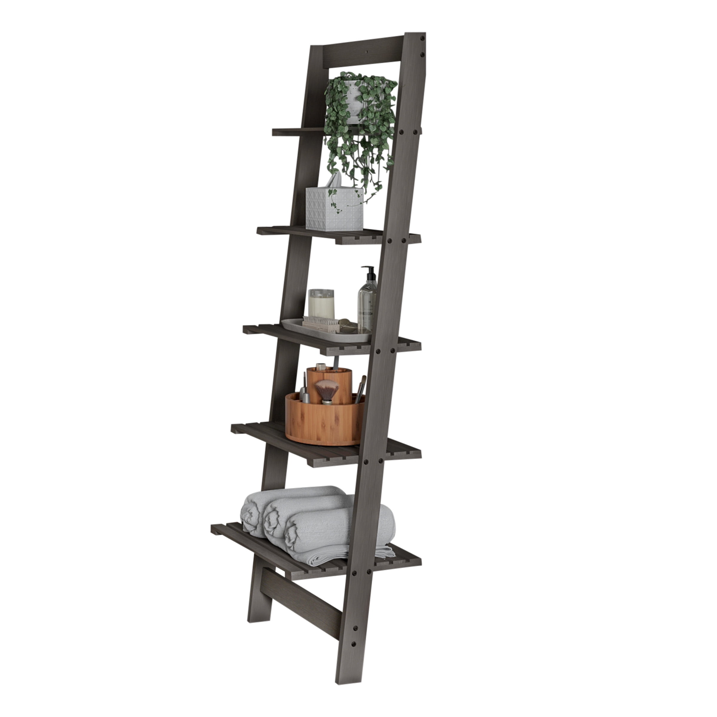 Lavish Home 5-Tier Slatted Wood Leaning Ladder Shelf for Narrow Storage, Wooden Bookcase for Living Room, Bathroom, Kitchen, Office or Bedroom, Gray Finish