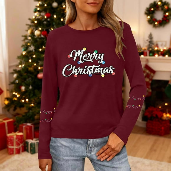 Ailaofu Christmas Sweatshirt Women Christmas Light Sweatshirts Merry And Bright Xmas Long Sleeve Shirts Crewneck Pullover Tops