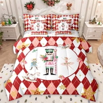 Manfei Merry Christmas Kids Twin Bedding Sets 7-Piece, Vintage Red Sqaure Abstract Bedding Comforter Set, Nutcracker Mouse Guard Reversible Sheet Sets, Breathable Home Decor