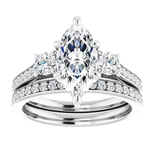 Divine Creation 2.25 Ct Marquise Cut White Diamond Engagement Wedding Thanksgiving Christmas Bridal Ring Set 14K White Gold Plated 925 Sterling Silver For Women's -6